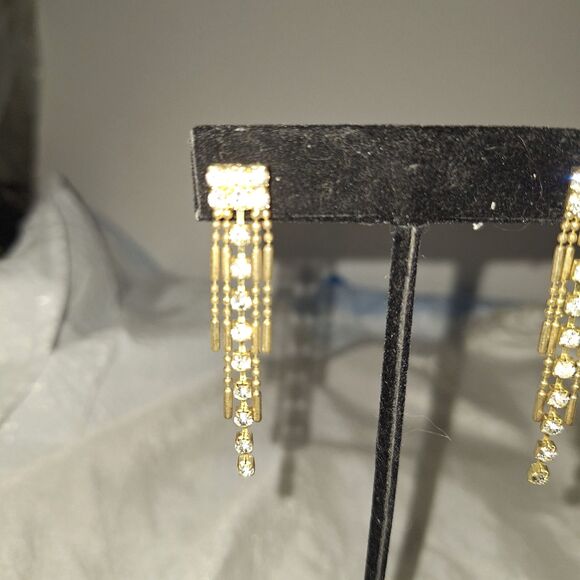 Art Deco Style Women's Vintage Earrings Dangle Drop Gold Tone Rhinestone - Picture 3 of 7